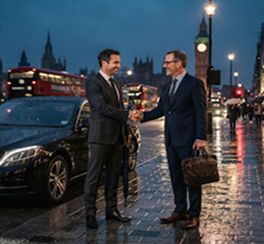 Businessmen shaking hands in city rain