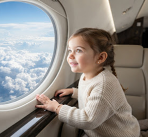 Child looking out airplane window
