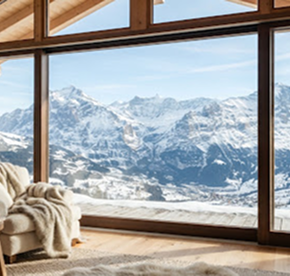 Swiss Alps snowy mountain view from window