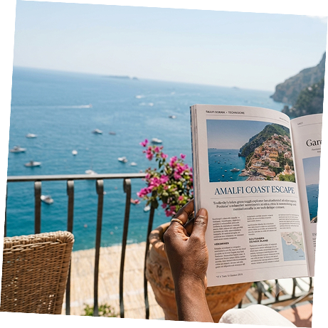 Reading a luxury travel magazine by the coast